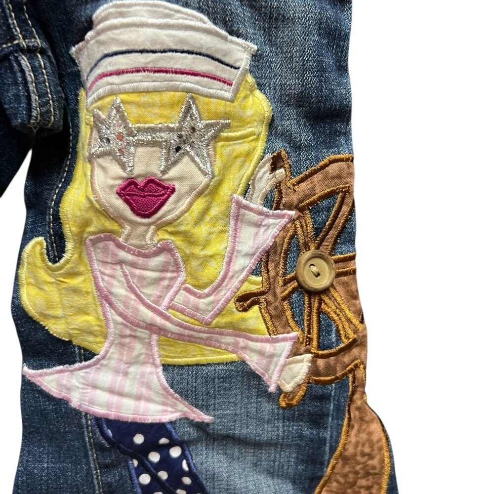 Unique Girls Nautical-Themed Embroidered Flare Jeans With Ruffle Hem & Bow Tie W